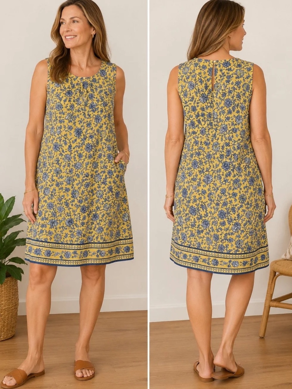 J Jill Love Linen Sleeveless Midi Shift Dress Medium Yellow Blue Floral Boho